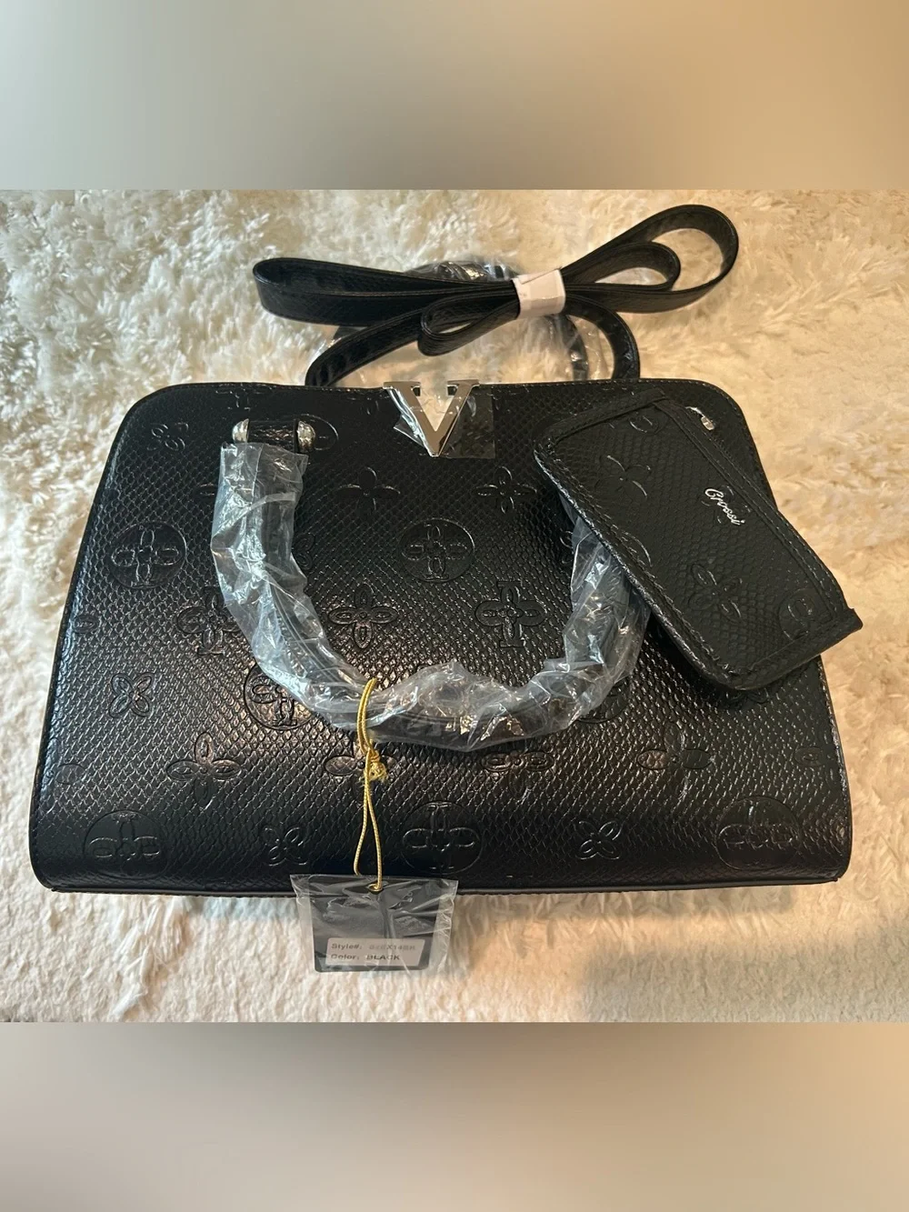 Crossi Like Dreams Elegant Black Embossed Satchel with Detachable Pouch